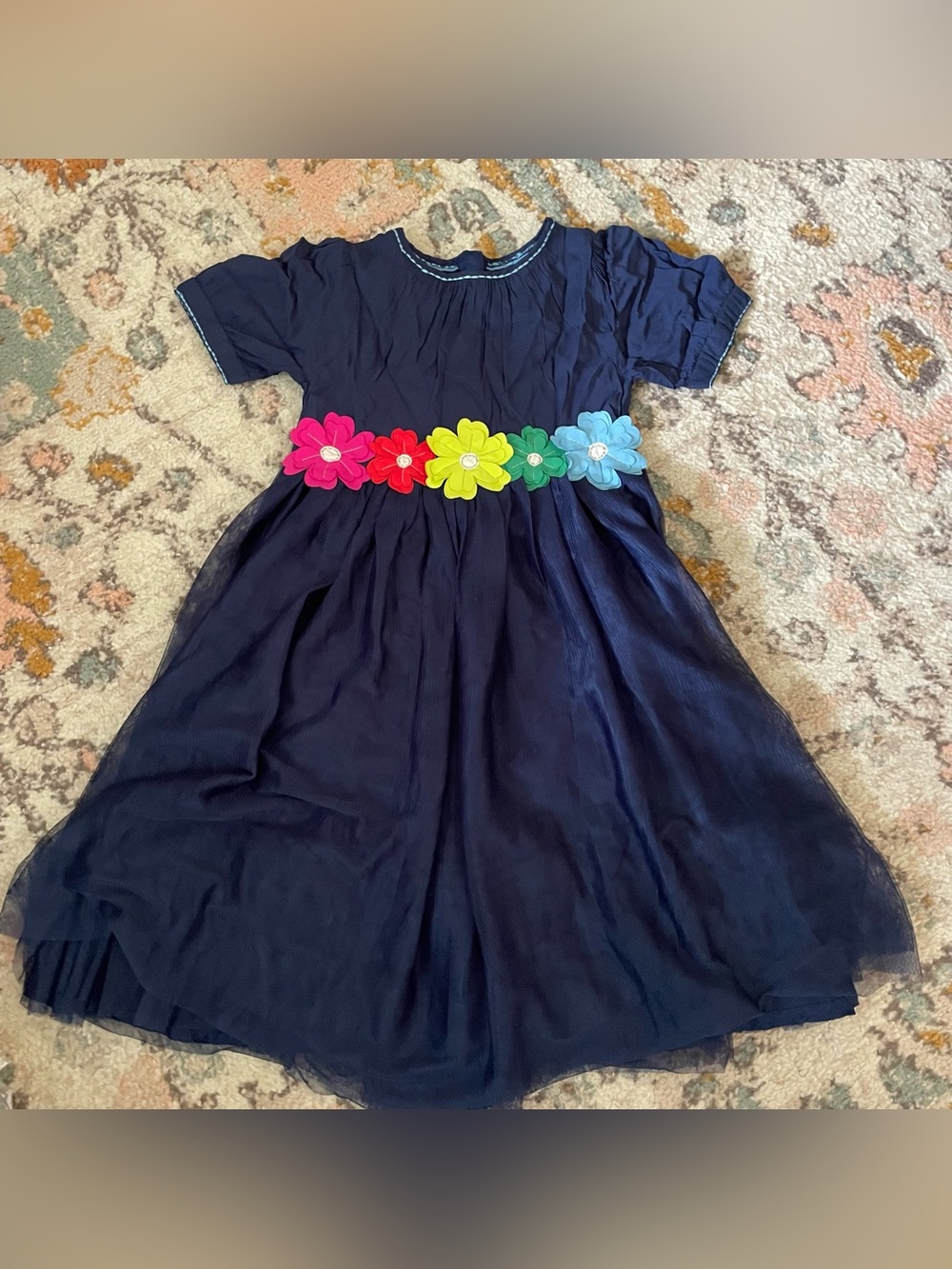 Mini Boden Tulle Navy Blue Flower Belt Dress - Multicolor Floral Accent